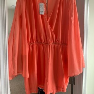 BEBE BRIGHT CORAL ROMPER.